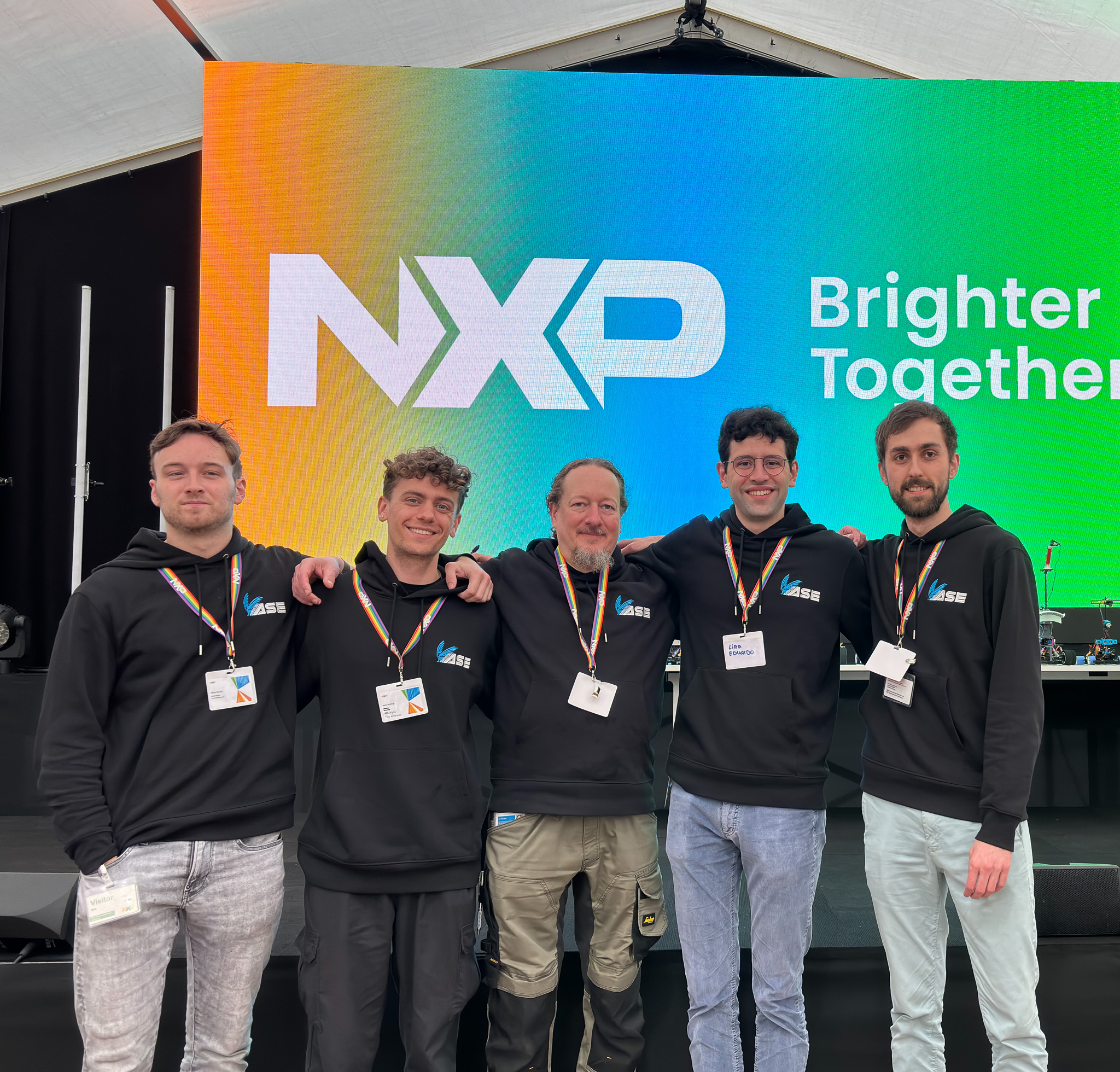 The ASE/Alpha-One team (Elias, Max, Niels, Eduardo and Hugo) at the 2024 NXP cup finals in Hamburg